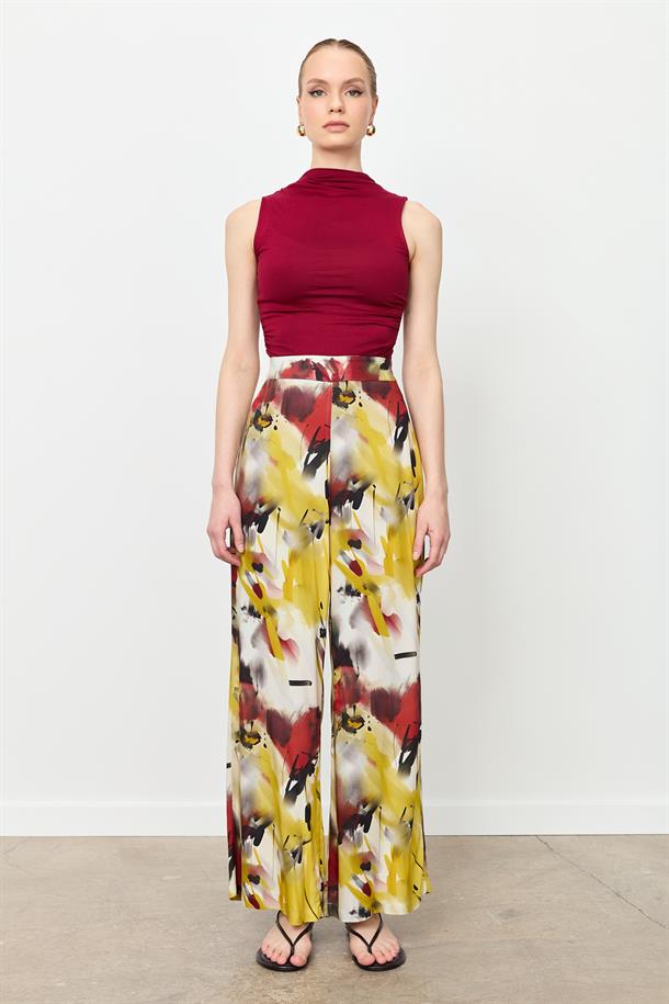 Baskılı Bol Paça Pantolon-SARI