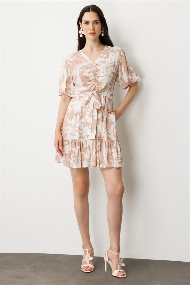 Baskılı Kuşaklı Viskon Elbise-PUDRA