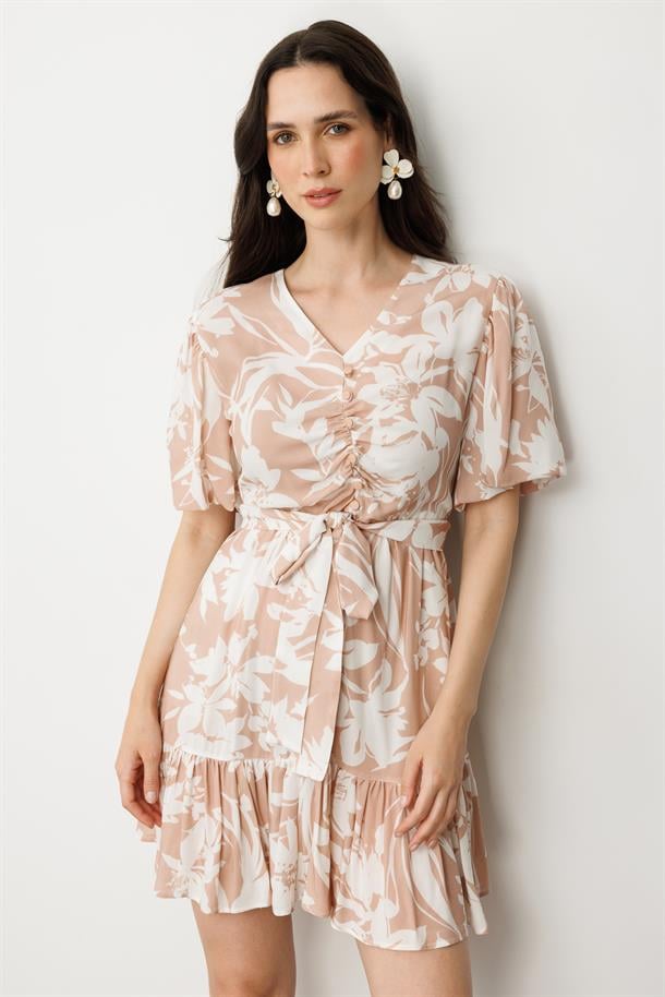 Baskılı Kuşaklı Viskon Elbise-PUDRA