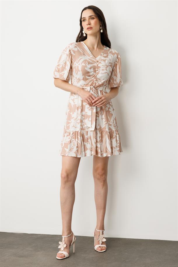 Baskılı Kuşaklı Viskon Elbise-PUDRA