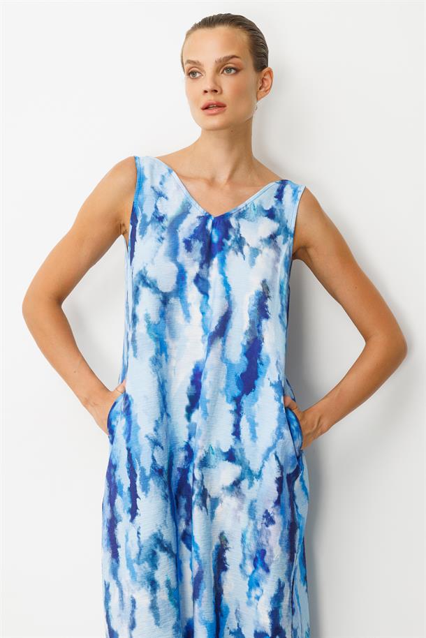 Batik Desenli Sırt Detay Elbise-İNDİGO