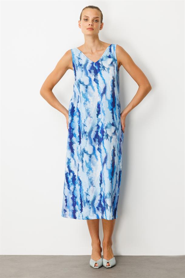 Batik Desenli Sırt Detay Elbise-İNDİGO