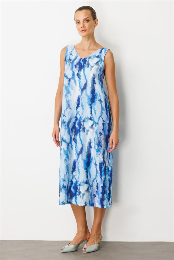 Batik Desenli Sırt Detay Elbise-İNDİGO