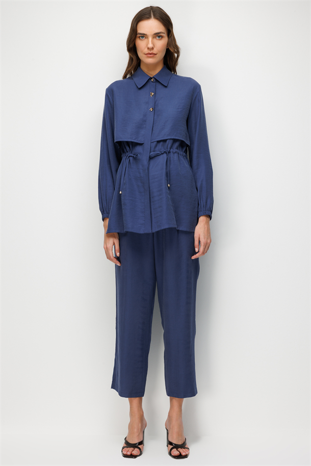 Bel Detaylı Cupra Tunik Gömlek-İNDİGO