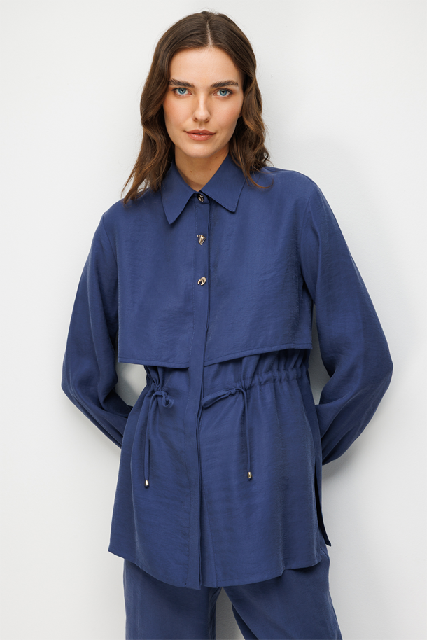 Bel Detaylı Cupra Tunik Gömlek-İNDİGO