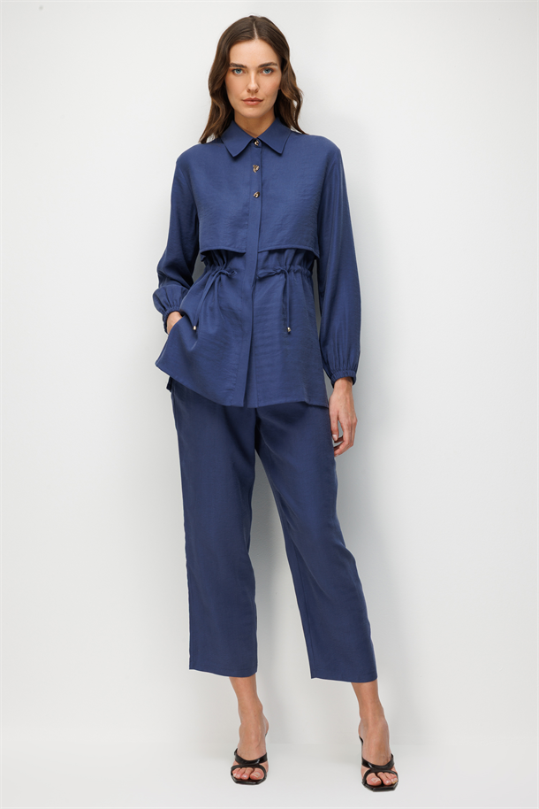 Bel Detaylı Cupra Tunik Gömlek-İNDİGO