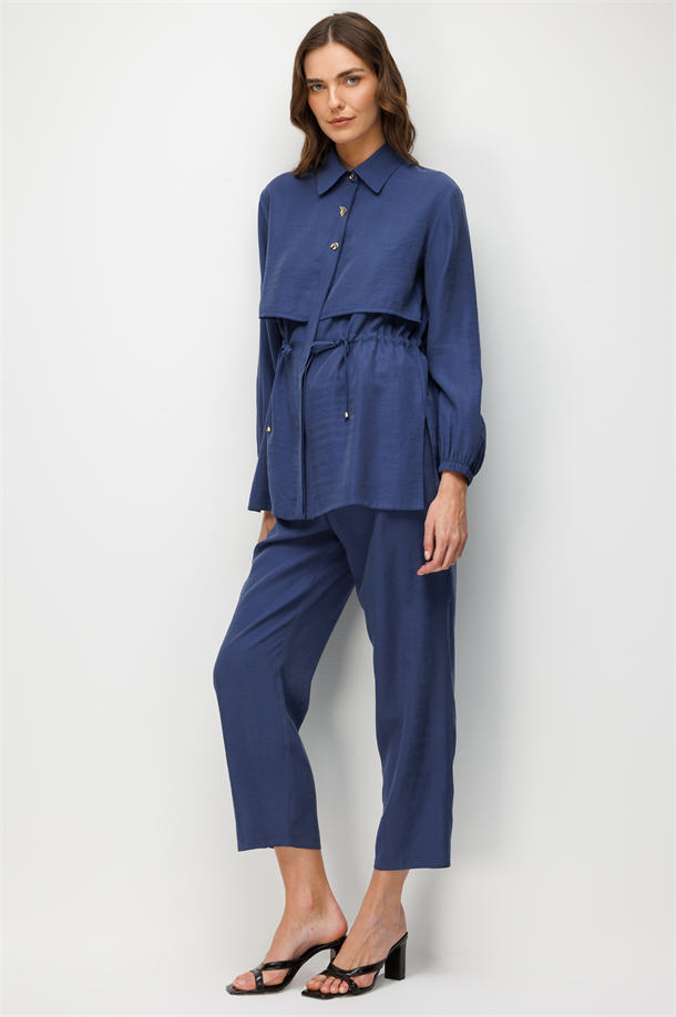 Bel Detaylı Cupra Tunik Gömlek-İNDİGO