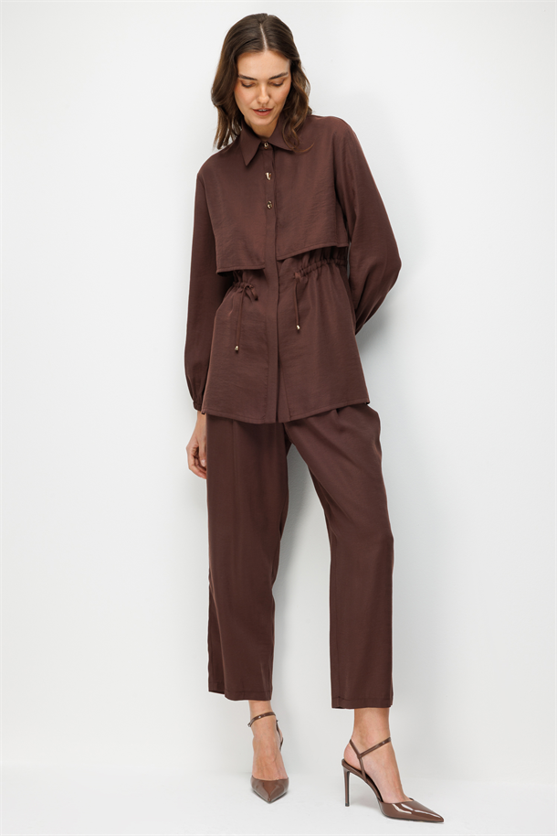 Bel Detaylı Cupra Tunik Gömlek-KAHVE