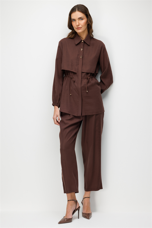 Bel Detaylı Cupra Tunik Gömlek-KAHVE