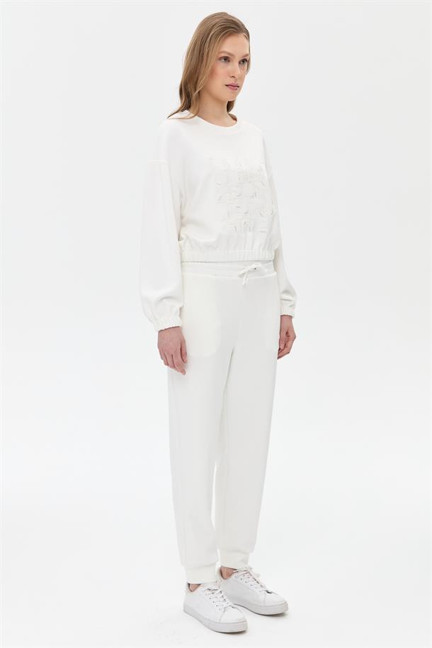 Bel ve Paça Lastikli Modal Pantolon-BEYAZ