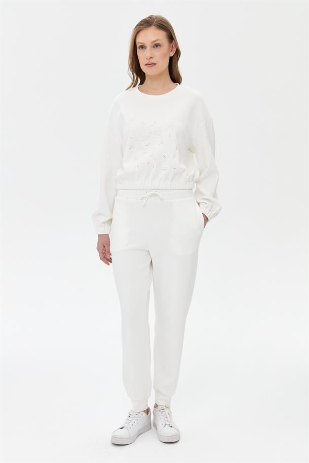 Bel ve Paça Lastikli Modal Pantolon-BEYAZ