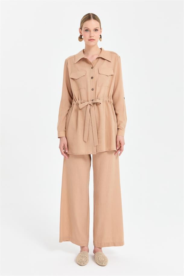 Beli Ayarlanabilir Cep Detaylı Keten Tunik-CAMEL