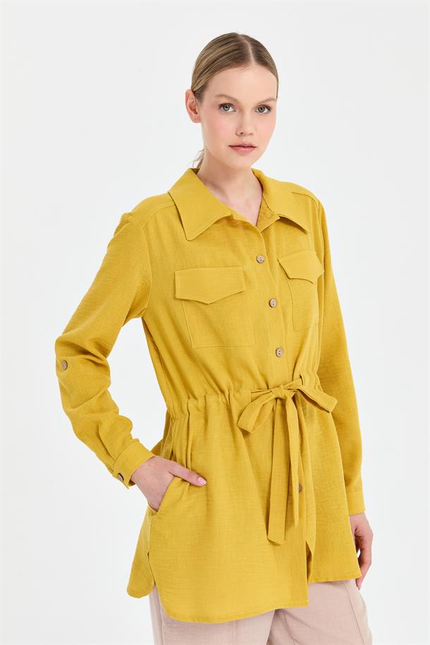 Beli Ayarlanabilir Cep Detaylı Keten Tunik-Y.YEŞİLİ