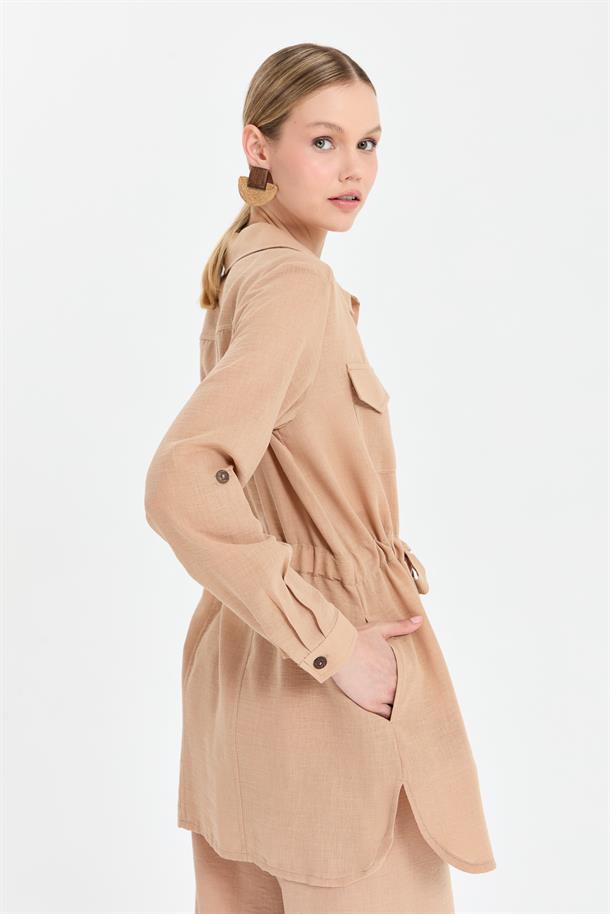 Beli Ayarlanabilir Cep Detaylı Keten Tunik-CAMEL