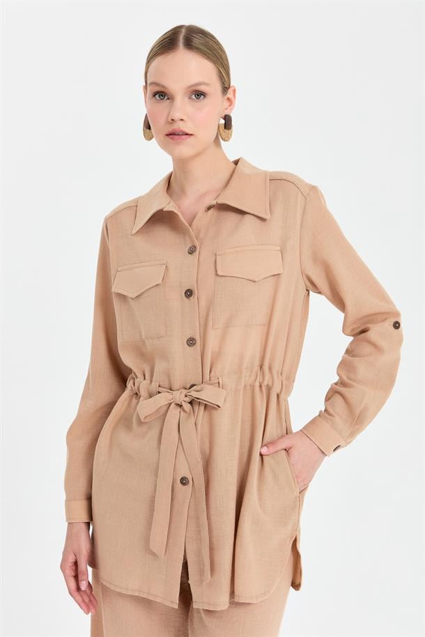Beli Ayarlanabilir Cep Detaylı Keten Tunik-CAMEL