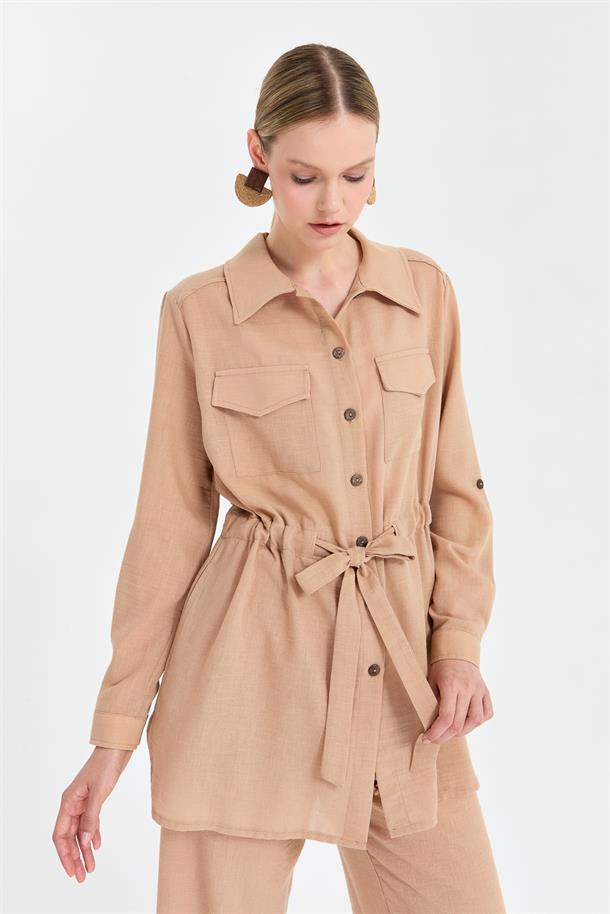 Beli Ayarlanabilir Cep Detaylı Keten Tunik-CAMEL