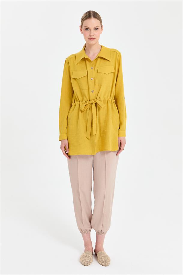 Beli Ayarlanabilir Cep Detaylı Keten Tunik-Y.YEŞİLİ