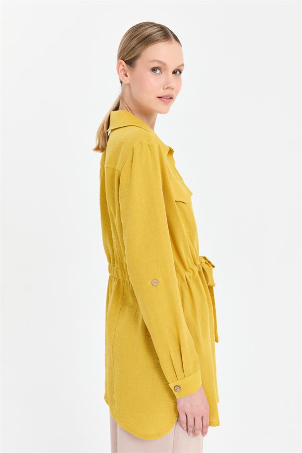 Beli Ayarlanabilir Cep Detaylı Keten Tunik-Y.YEŞİLİ
