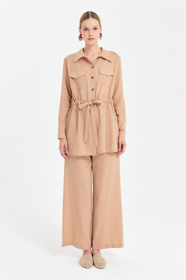 Beli Ayarlanabilir Cep Detaylı Keten Tunik-CAMEL