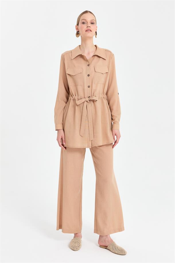 Beli Ayarlanabilir Cep Detaylı Keten Tunik-CAMEL