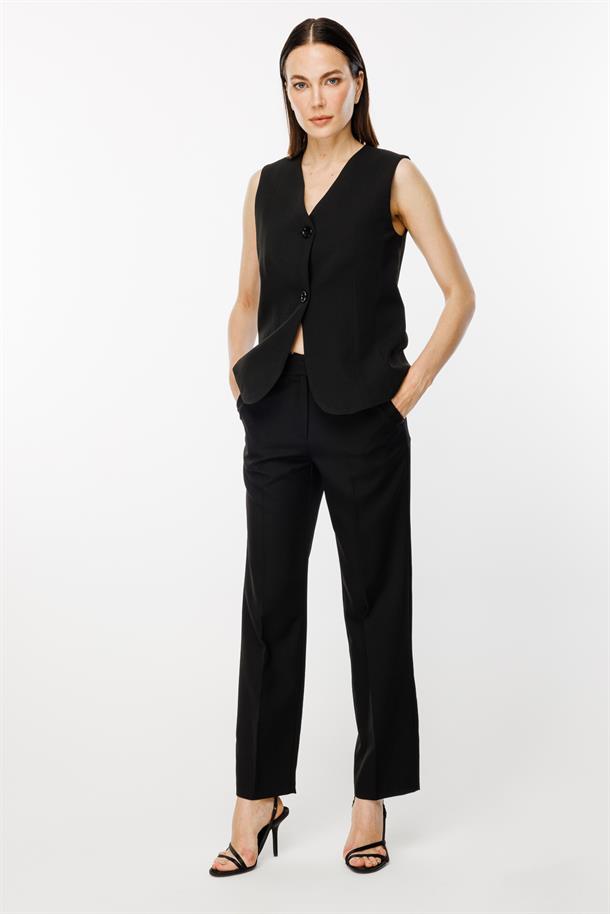 Beli Ayarlanabilir Düğmeli Krep Yelek-SİYAH