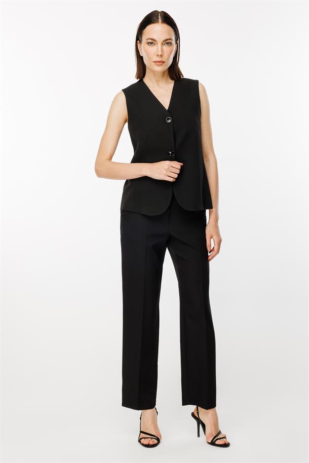 Beli Ayarlanabilir Düğmeli Krep Yelek-SİYAH