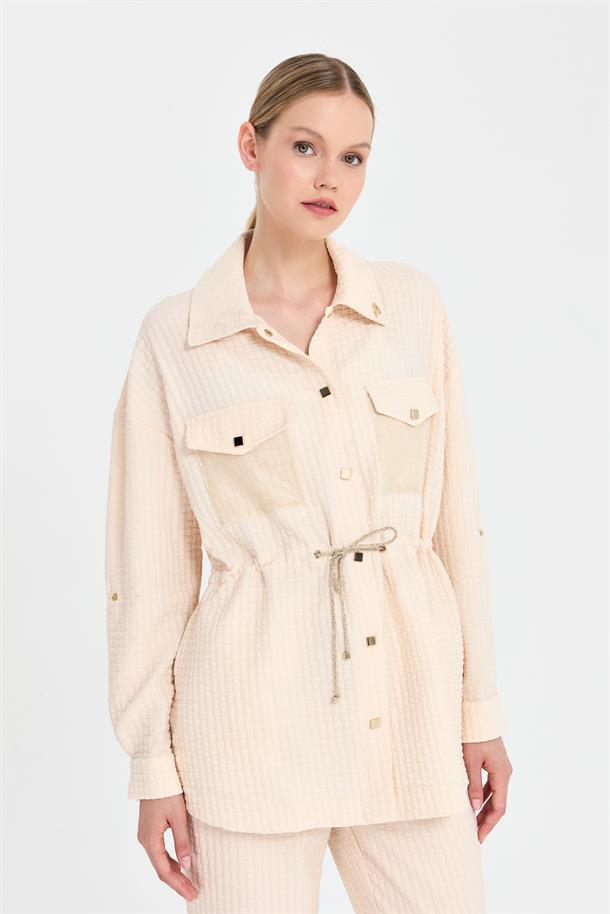 Beli Ayarlanabilir Gold İp ve Cep Detaylı Ceket-BEJ