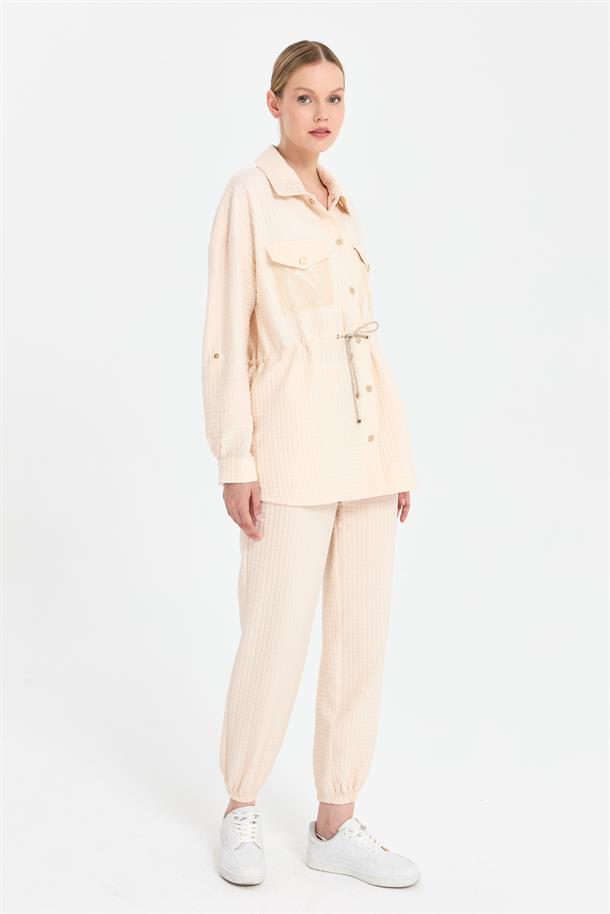 Beli Ayarlanabilir Gold İp ve Cep Detaylı Ceket-BEJ