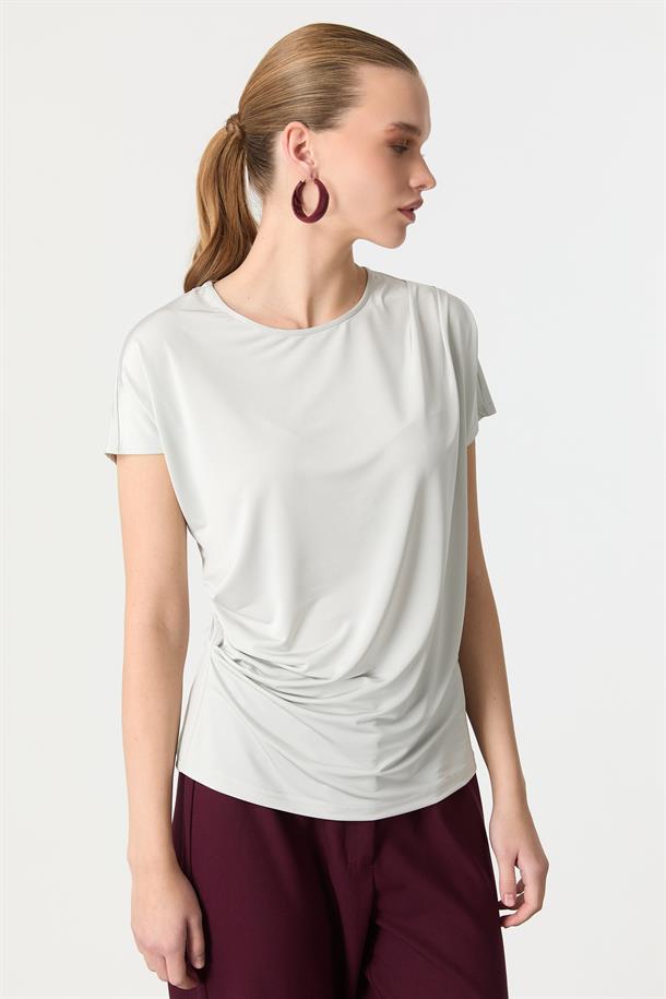 Beli Drape Detaylı Bluz-GRİ