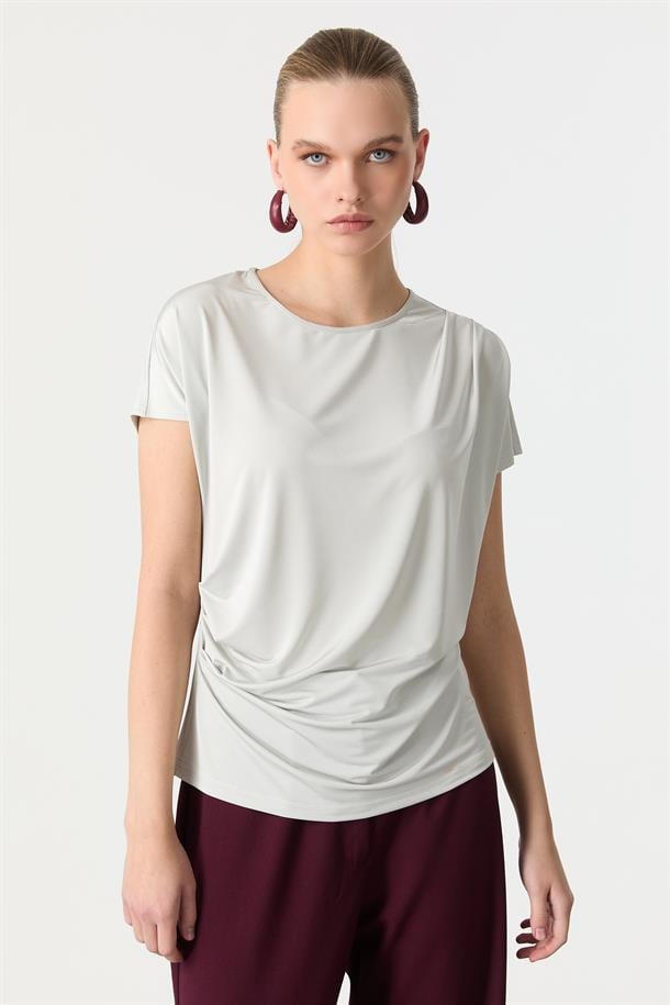 Beli Drape Detaylı Bluz-GRİ