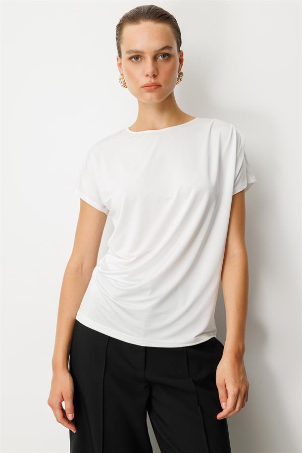 Beli Drape Detaylı Bluz-KEMIK