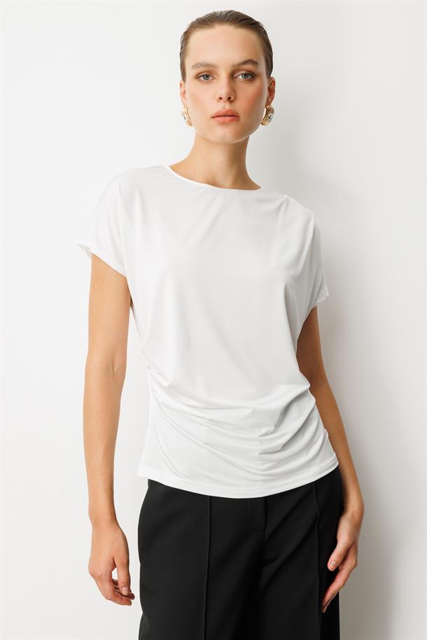 Beli Drape Detaylı Bluz-KEMIK