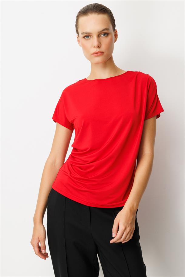 Beli Drape Detaylı Bluz-KIRMIZI