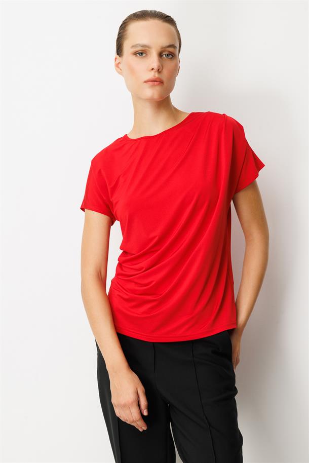 Beli Drape Detaylı Bluz-KIRMIZI