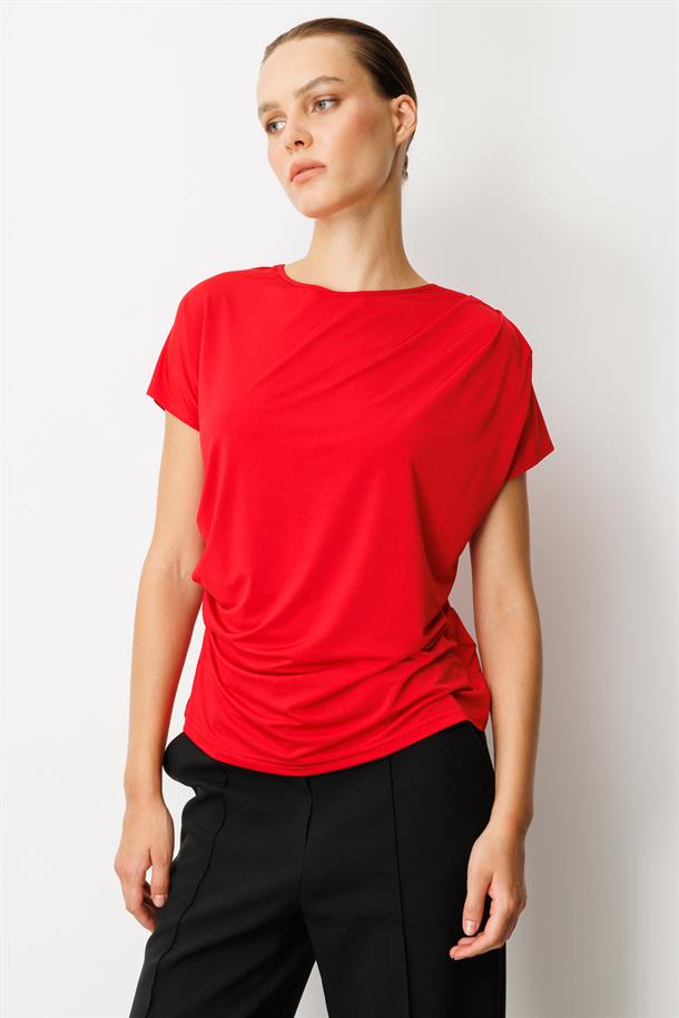 Beli Drape Detaylı Bluz-KIRMIZI