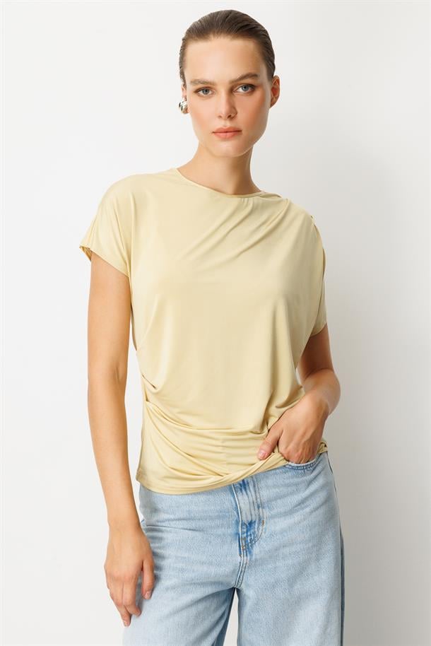 Beli Drape Detaylı Bluz-SARI