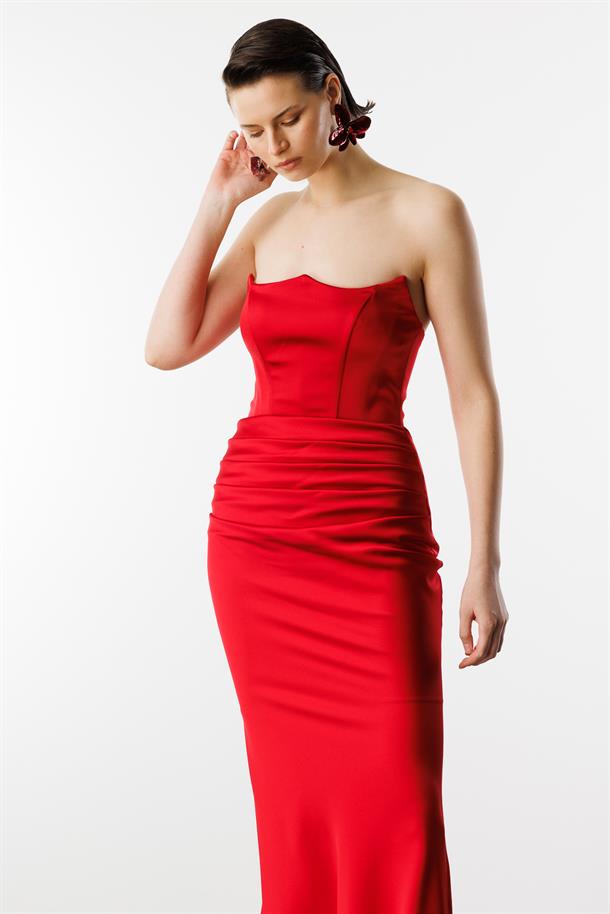 Beli Drapeli Abiye Elbise-KIRMIZI