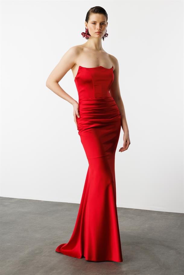 Beli Drapeli Abiye Elbise-KIRMIZI