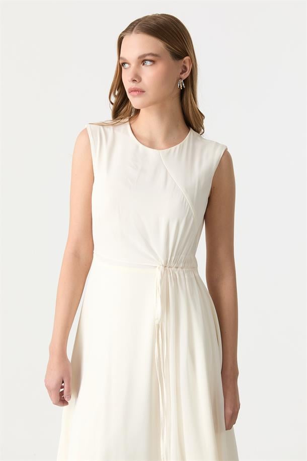 Beli Drapeli Tül Detay Krep Elbise-KEMIK