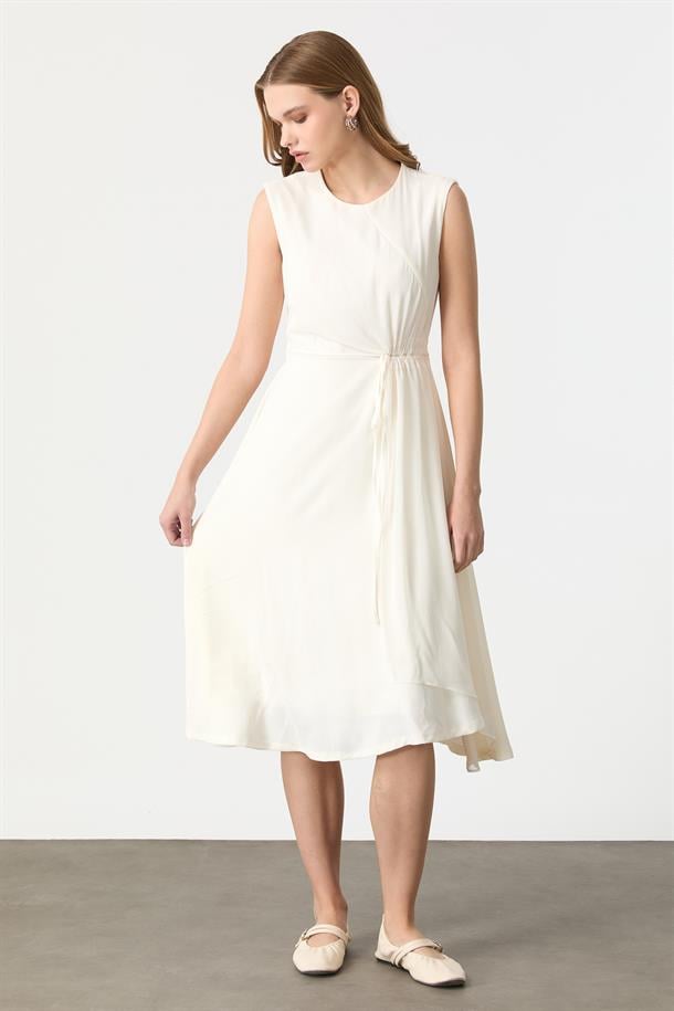 Beli Drapeli Tül Detay Krep Elbise-KEMIK