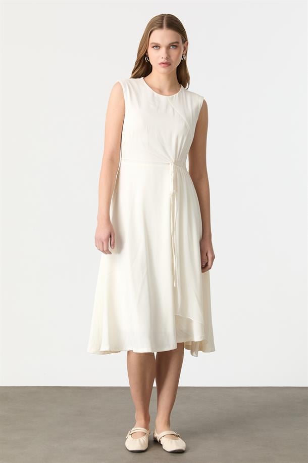 Beli Drapeli Tül Detay Krep Elbise-KEMIK