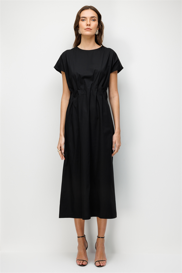 Beli Gizli Lastikli Uzun Elbise-SİYAH