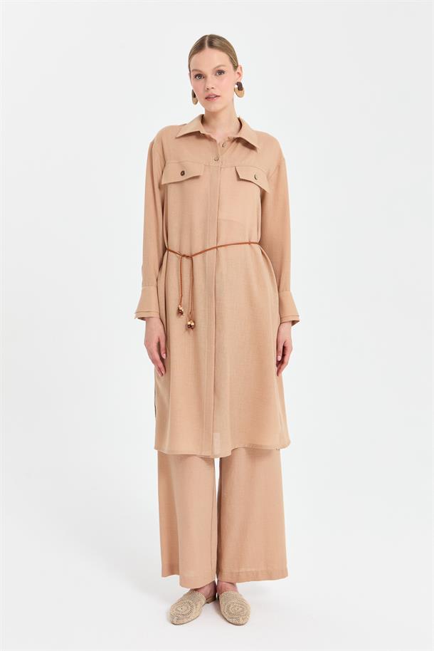 Beli İp Detaylı Uzun Keten Tunik-CAMEL