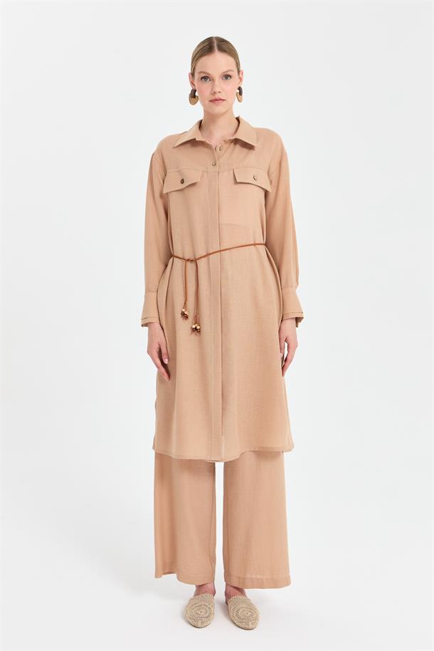 Beli İp Detaylı Uzun Keten Tunik-CAMEL
