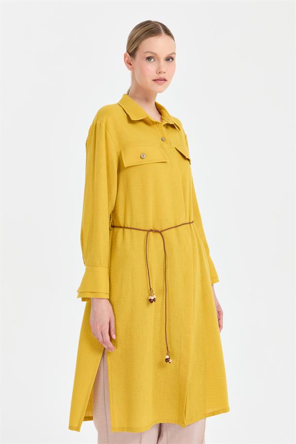 Beli İp Detaylı Uzun Keten Tunik-Y.YEŞİLİ