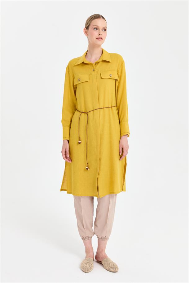 Beli İp Detaylı Uzun Keten Tunik-Y.YEŞİLİ