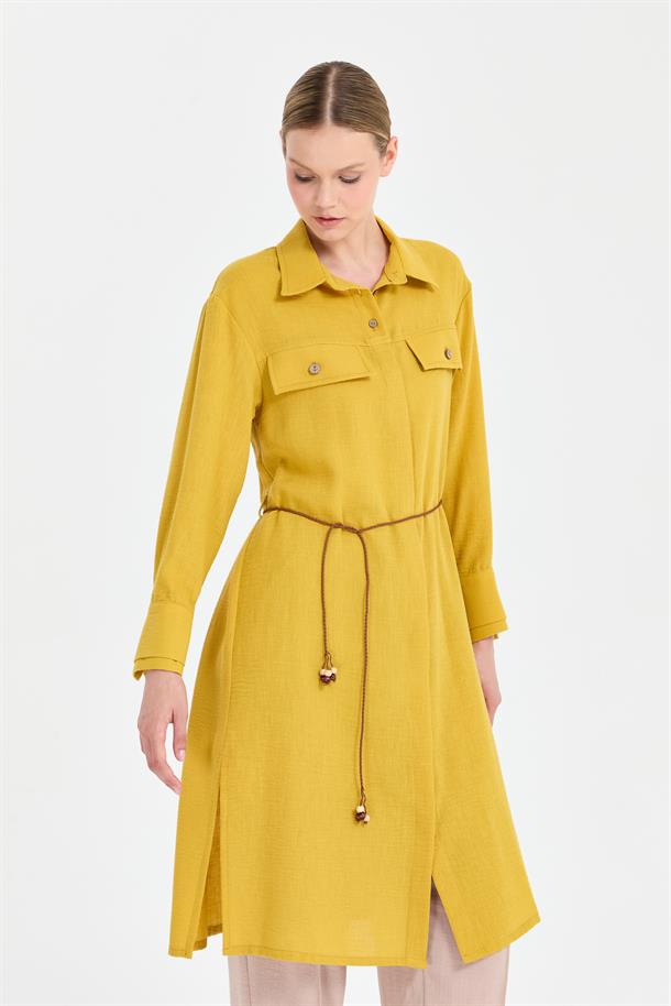 Beli İp Detaylı Uzun Keten Tunik-Y.YEŞİLİ