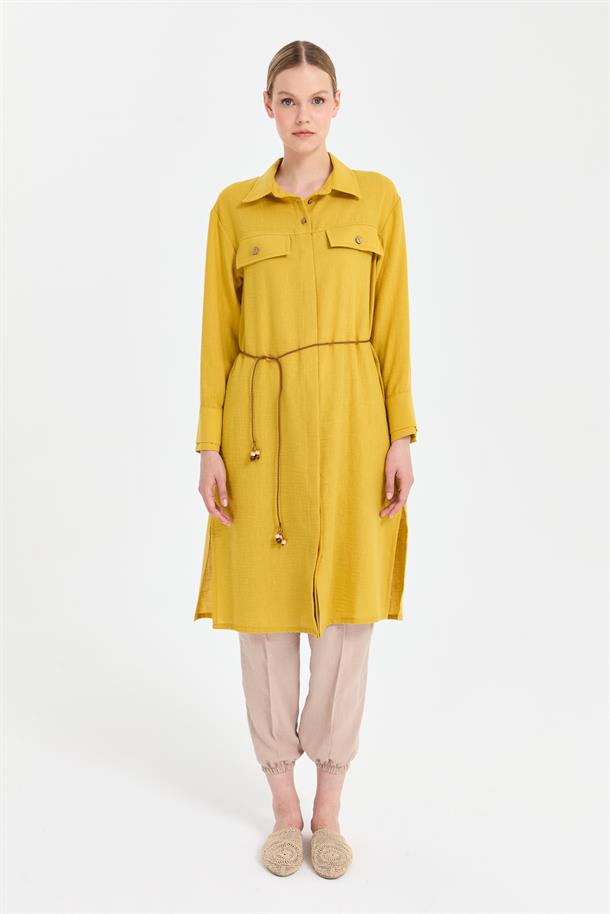 Beli İp Detaylı Uzun Keten Tunik-Y.YEŞİLİ