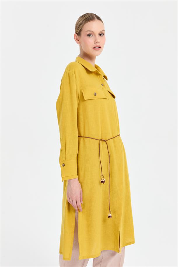 Beli İp Detaylı Uzun Keten Tunik-Y.YEŞİLİ