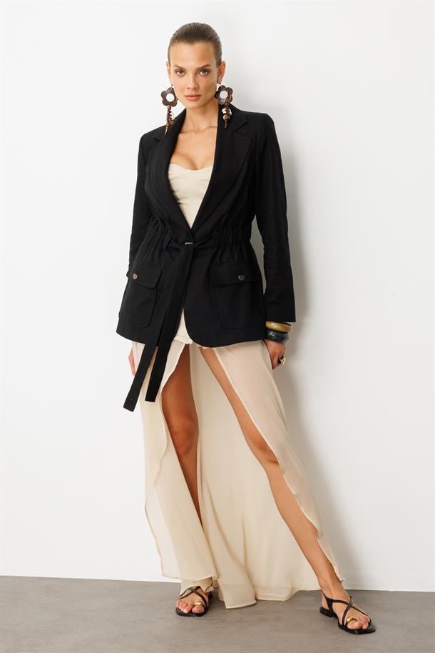 Beli Kuşaklı Keten Ceket-SİYAH